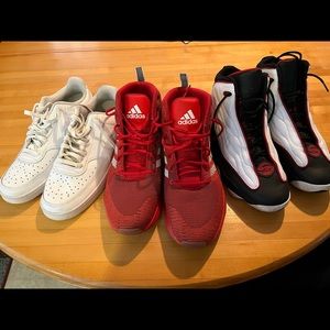 3 pairs of mens sneakers brands are Nike, adidas, Jordan